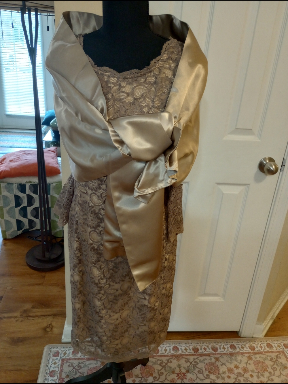 Taupe Alex Marie Lace Cocktail Dress with Satin Shawl
